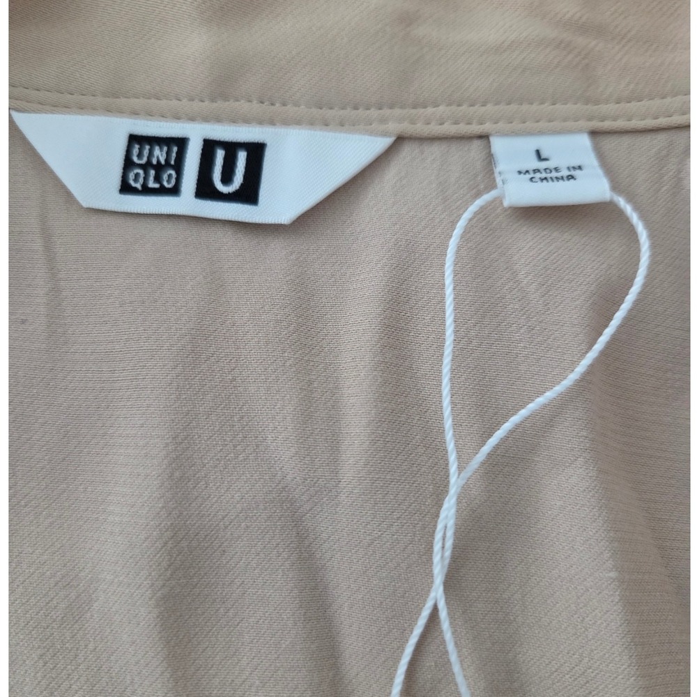 Uniqlo Tie Neck Midi Dress Work Office Career Beige Sz L Lagenlook Minimalist - Picture 4 of 6
